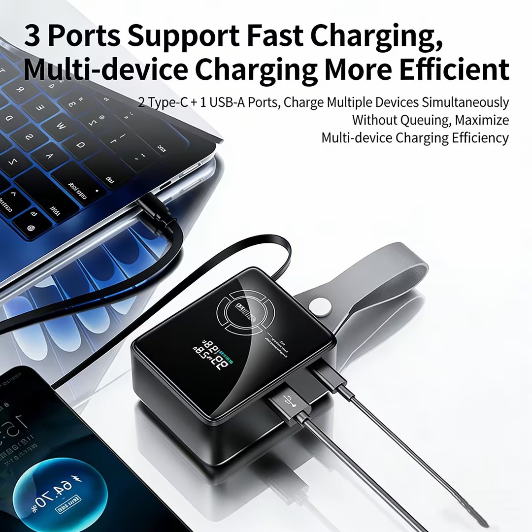 Portable Power Bank 20000mAh Capacity with input 45W Fast Recharge Retractable Cable and Real Time Battery Status Display