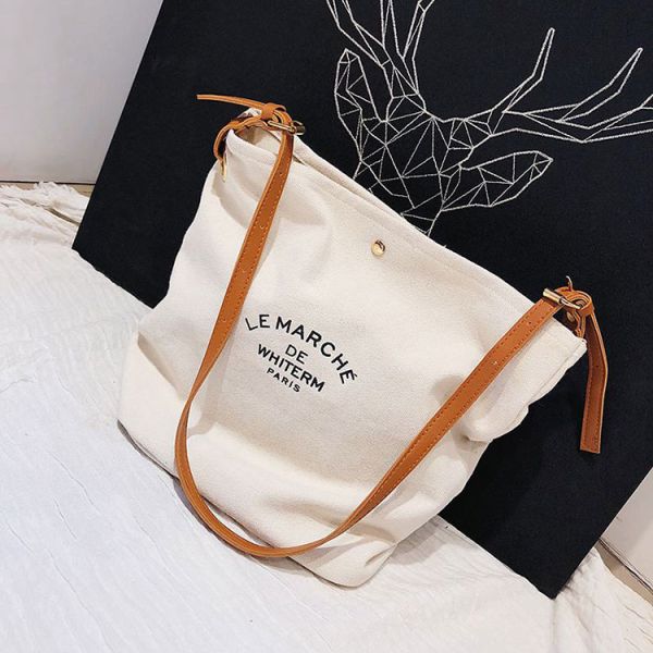 Supermarket Custom Logo Cotton Canvas Tote Shoulder Bags with Brown Leather Handles