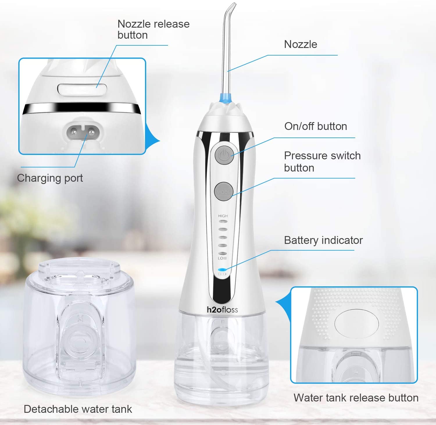 Зубоврачебная портативная вода Flosser IPX7 делает водостойким с батареей лития 2500mAh