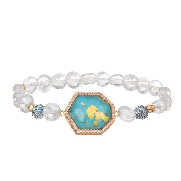 Natural Blue Turquoise Handmade Beads Bracelet Elastic With Gold Foil