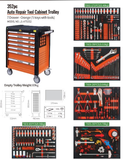 Организация 352pcs шкафа инструмента 7 ящиков мобильная