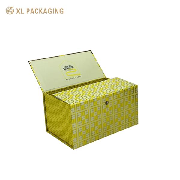 XL Packaging Custom Luxury Boxes Double Door Gift Packaging Box in Yellow with Metallic Button Closure and Foil Stamping for Special Occasions