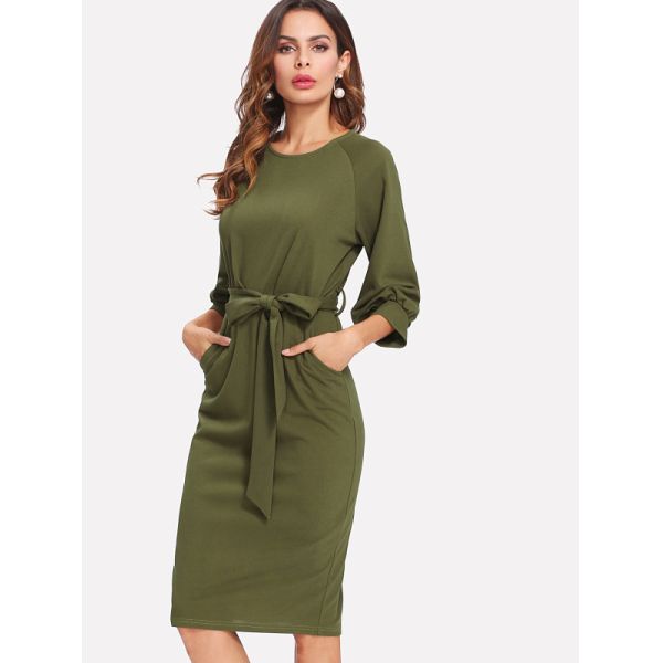 Women Pencil Work Dress Spandex Polyester Anti Wrinkle Breathable Round Neck Three Quarter Sleeve Office