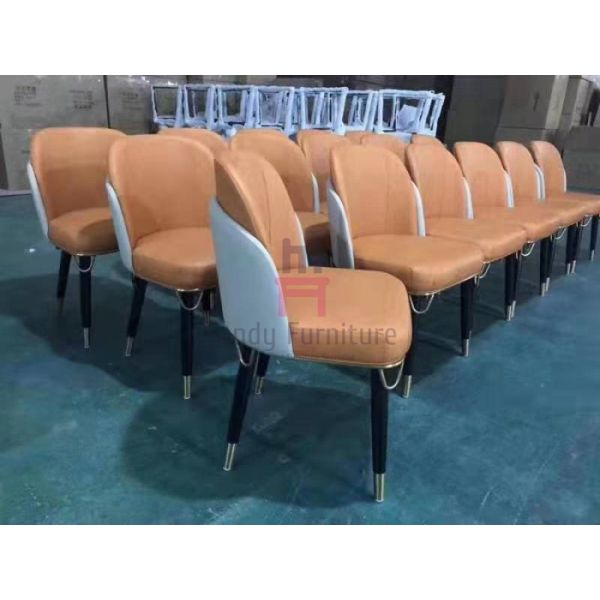 Leather / Fabric Seat Wood Restaurant Chair Curved Backrest With Gold Hardware