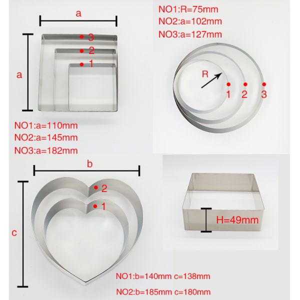 RK Bakeware China Foodservice NSF Нержавеющая сталь Mousse Cake Ring, Круглое сердце Квадратный десерт Mousse Ring