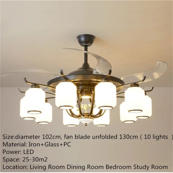 Retractable Blade Modern Folding Fan Light Remote Control Chandelier LED Invisible Ceiling Fan Crystal Light (WH-VLL-29)