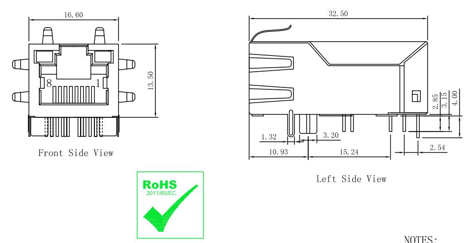 Основание-T соединителя 10G JGCG1T1004PW-GG RJ45 интегрировало Magnetics для применения PoE++