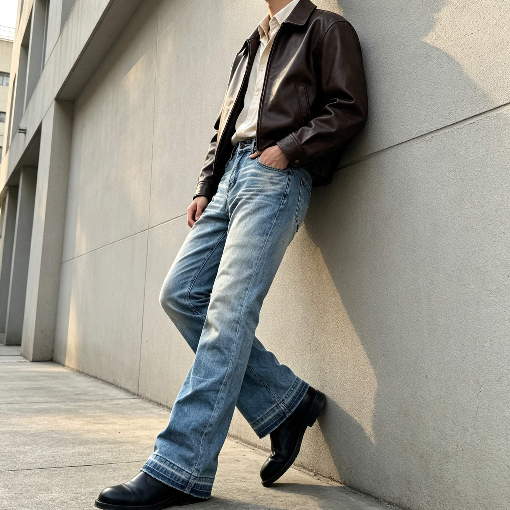 Light Washed Men's Jeans Mid Rise Flare Denim Jeans With Whisker Detailing