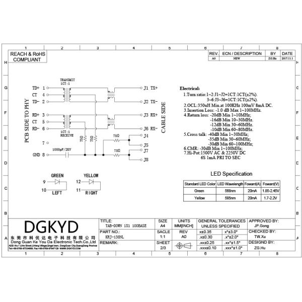 KRJ-138NL 10/100 RJ45 Ethernet Connector with transformer, EMI Magnetic Modular Jacks