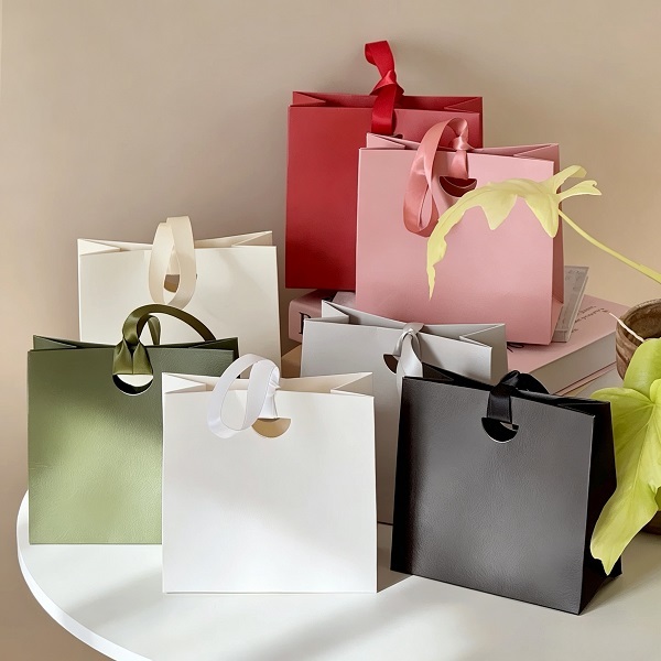Ribbon Handle Paper Gift Bags with Die Cut Closure for Retail