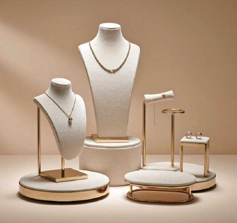 Elegant Gold Metal Frame Jewelry Display Set with Premium Beige Velvet Lining for Multi-functional Luxury Retail Showcase