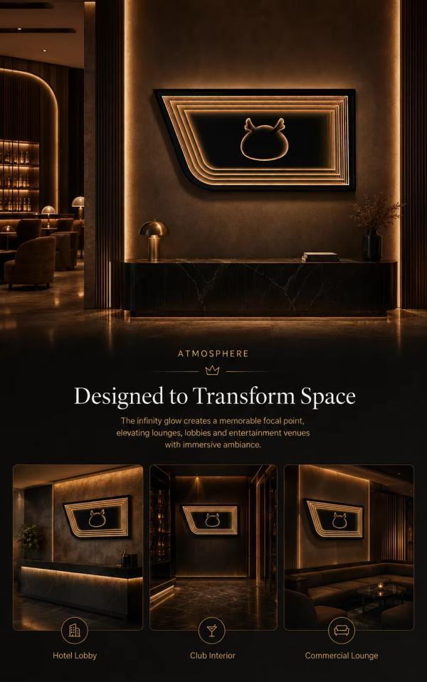 Kingstin Custom Black Metal Infinity LED Mirror Wall Art for Hotel Lobbies, Clubs & Lounges, 8+ Years OEM Project Support