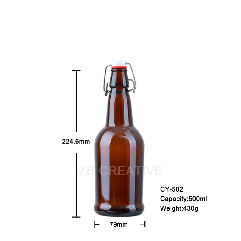 Large Amber Flint Beer Glass Bottle 500ml Swing Cap Craft Brewing Container 430g CY-502