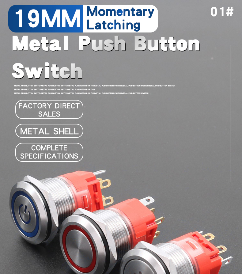 19MM Metal Push Button Switch With LED 2NO2NC Momentary Latching IP67 Stainless Steel 8 Pins Flat Head