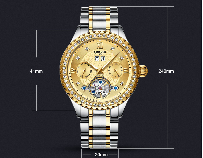 Chronograph Luxury Mechanical Watches Gold Dial 30M Daily Waterproof