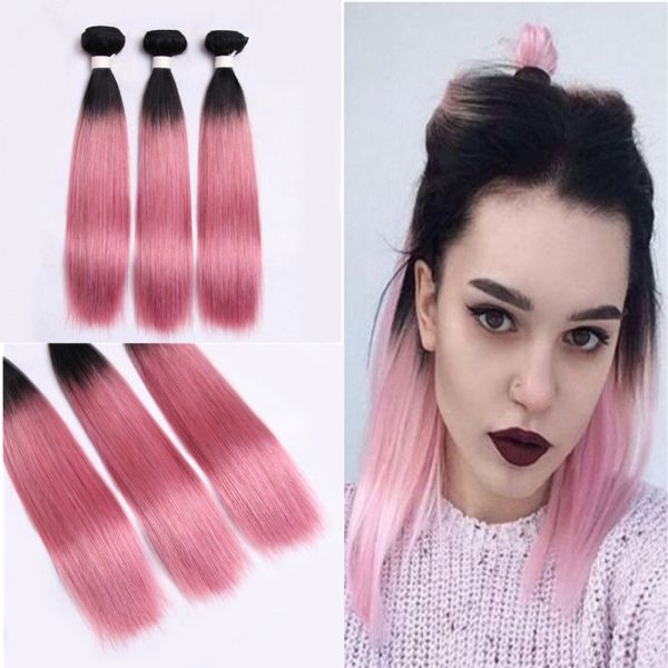 Pre-colored Non-remy Hair Extension Human Weave Rose Pink Ombre Color Brazilian Straight