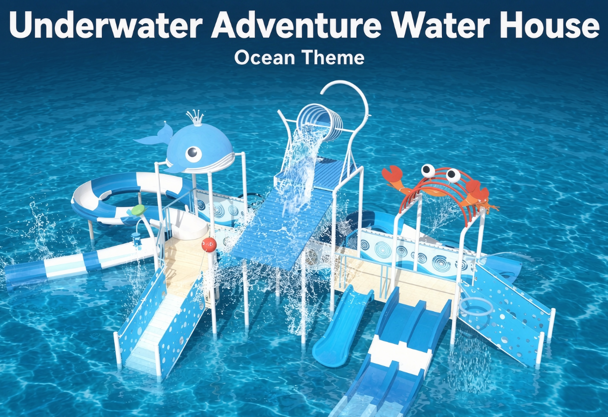  SWH-002 Medium Ocean Theme Water House Interactive Water Play Childrens Splash Pad Kids Water Slide Theme