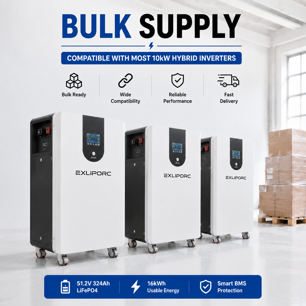 EXLIPORC 16.58kWh 51.2V LiFePO4 Home Battery with 8000+ Cycles and High Capacity for Home Energy Storage
