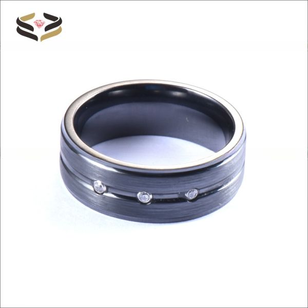 8mm Black Zirconium Ring with Silver CZ Diamond Stones Inlaid Single Groove Men's Wedding Band Plating Color N/A