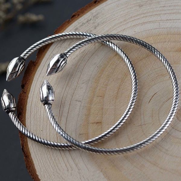 Sterling Silver Lotus Flower Wire Cable Cuff Bracelet Women Bangle(SZ0199)