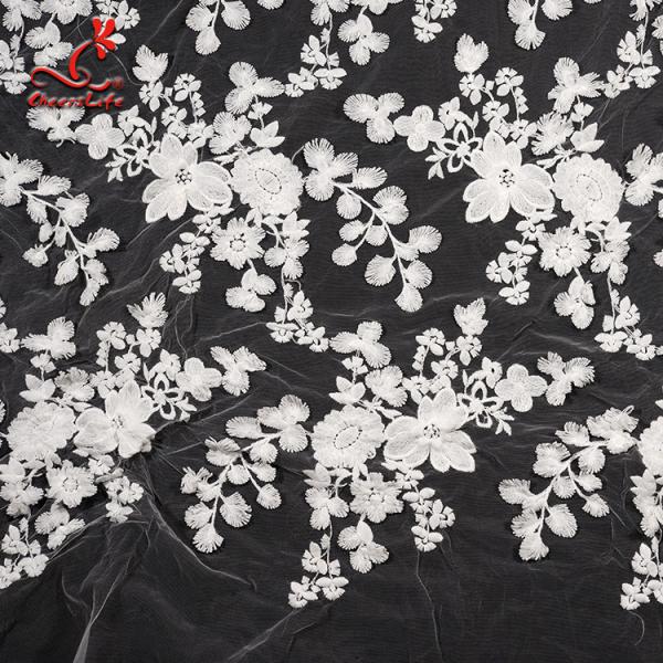White 3d Embroidered Lace Fabric For Wedding Dress With Elastic Nylon Net