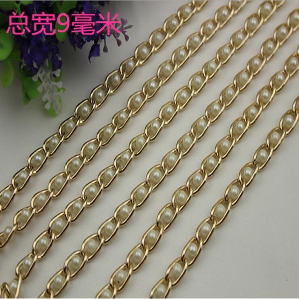 Delicate design top quality white pearl decorative light gold 9 mm metal long chain bag