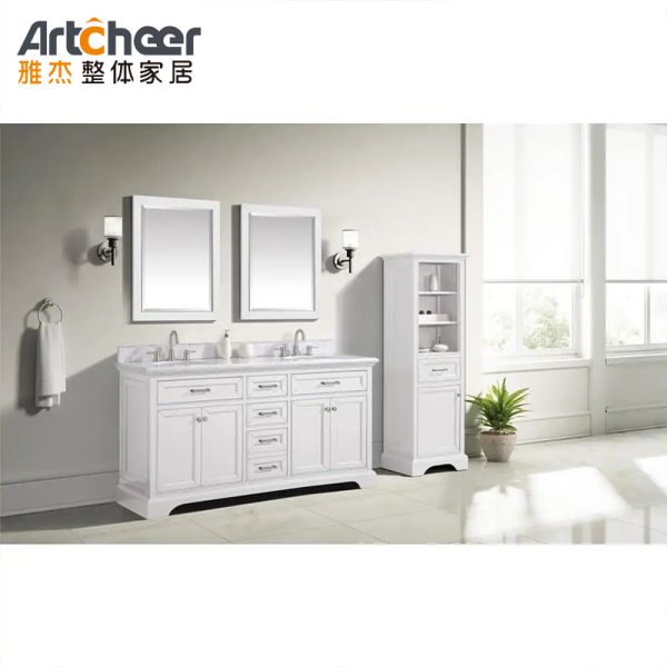 Modern Luxury Design Two Sink Quartz Stone Table Top Bathroom Vanity Combo