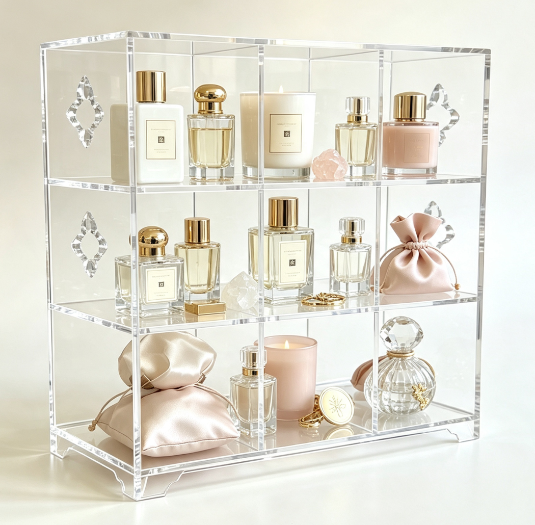 Acrylic 9 Grid Display Cabinet, Clear Cube Organizer for Crystals, Perfume, Jewelry & Collectibles