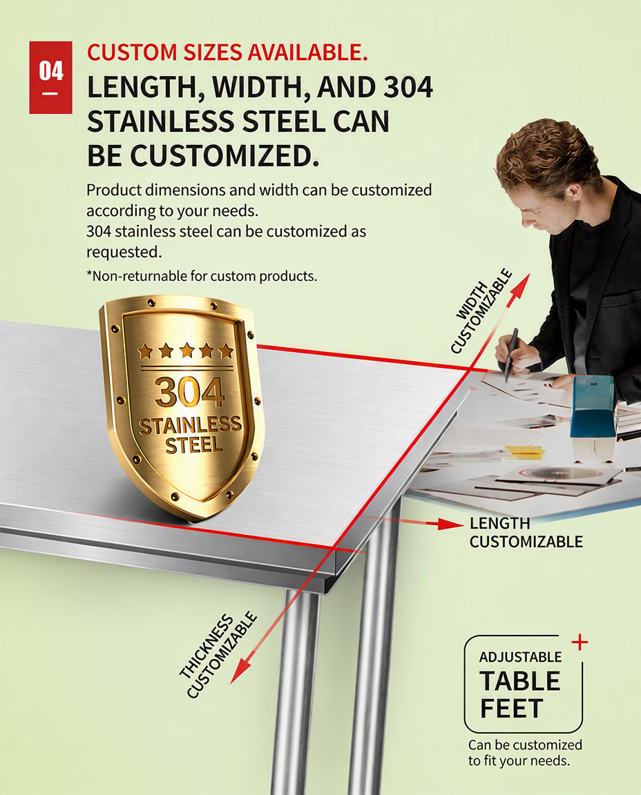Mobile Stainless Steel Work Table with Adjustable Height and Casters for Commercial Kitchens