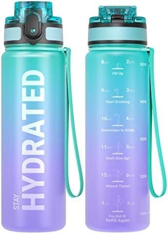 32oz Motivational Sports Water Bottle with Time Marker - Times to Drink - Tritan, BPA Free, Wide Mouth Leakproof,