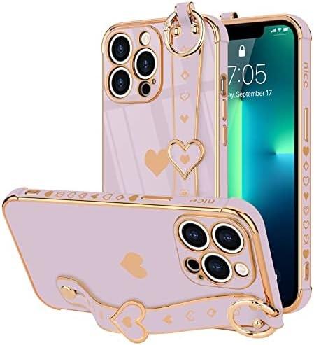 iPhone 12 Pro Cute Love-Heart Plating Strap Phone Cover para Mulheres Meninas Bling Lente de câmera de silicone Proteção Bumper