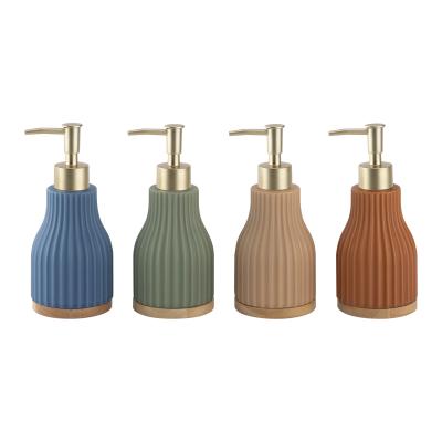 Round Bath Soap Dispenser Ceramic Lotion Dispenser Vertical Stripe With Wood Base