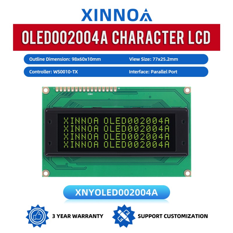 OLED002004A Black Film,Character LCD Module, WS0010-TX Controller, Parallel Port Interface, 77x25.2mm View Size, Working Temperature -40+80 Display
