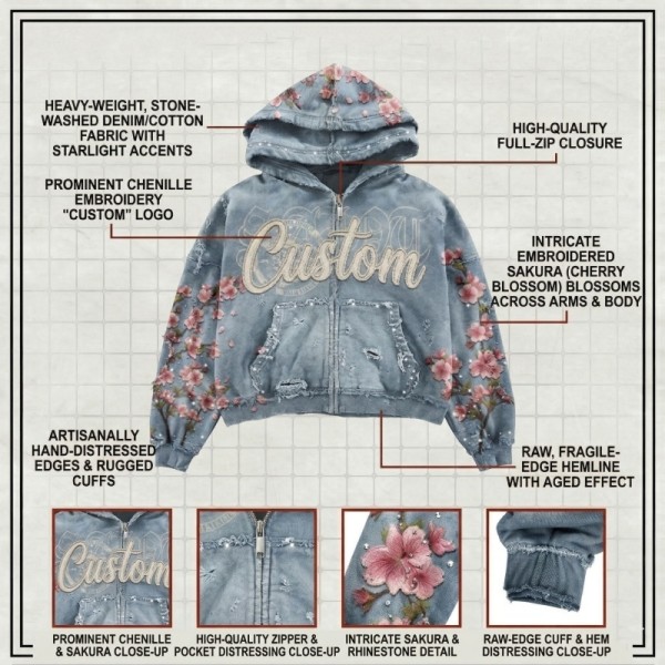 OEM Oversized Washed Floral Embroidery Mens Zip Up Hoodie Maker