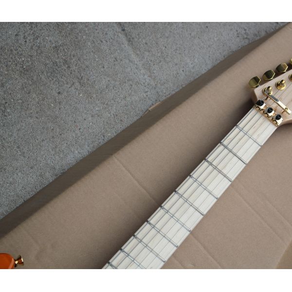 Factory Custom Orange Electric Guitar with Floyd Rose,3 Pickups,No Frets Inlay,Gold Hardware,Flame Maple Veneer