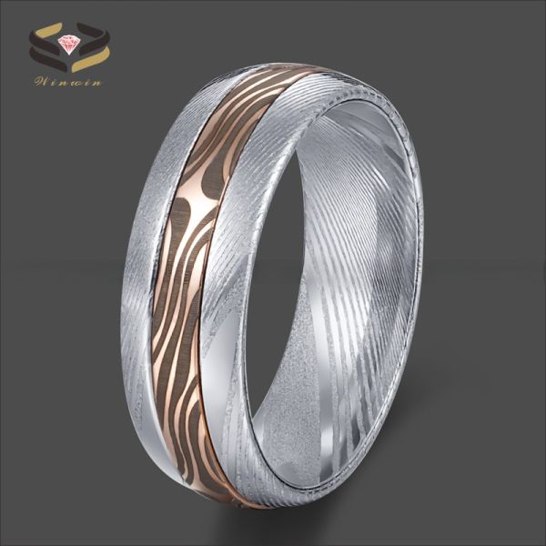 Damascus Steel Jewelry Main Material 8mm Lasered Rose Gold Mokume Gane Inlay Wedding Band for Unisex
