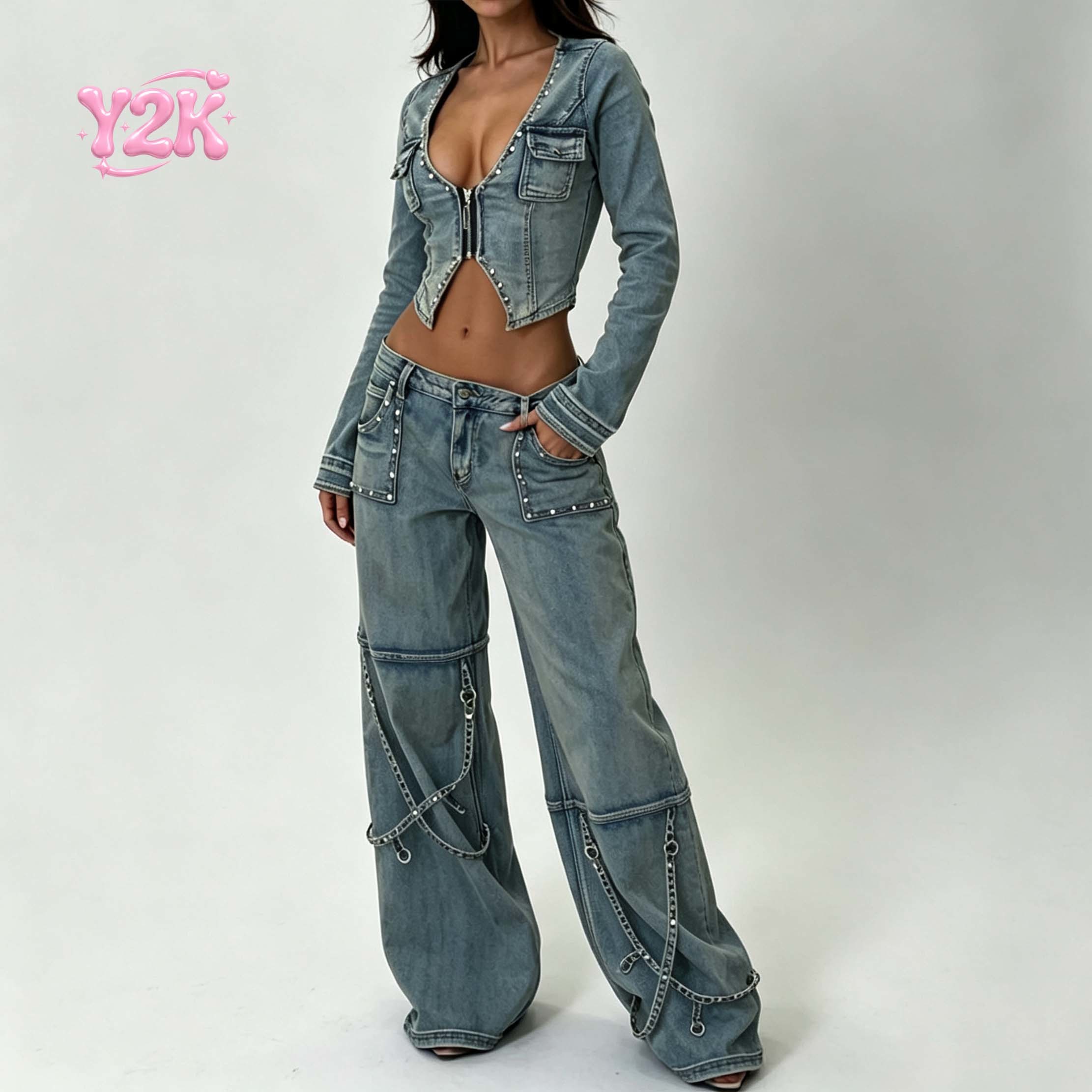 Custom Women Studded Denim Jacket Cargo Jeans Two Piece Set
