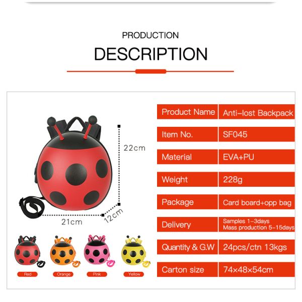 Supercute Custom 3d Eva Child School Bag Kids Ladybug Anti Lost Backpack For Children