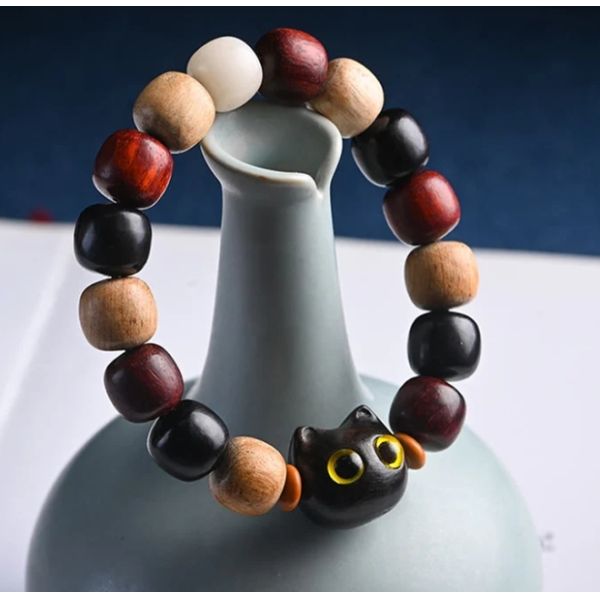 Small Leaf Red Sandalwood Bracelet Cute Cat Engraved Ebony Wood Protection Bracelet