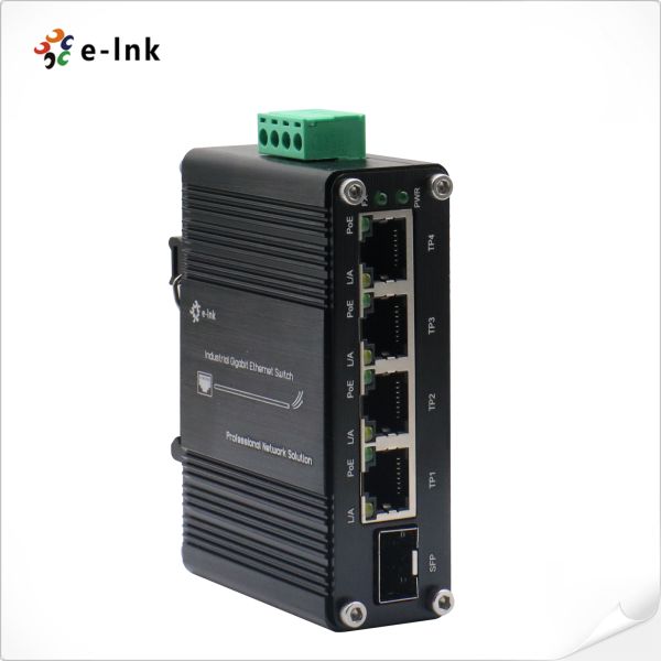 Mini Industrial 4-Port 10/100/1000T 802.3at PoE + 1-Port 100/1000X SFP Ethernet Switch with 12~48VDC Input and Voltage Booster