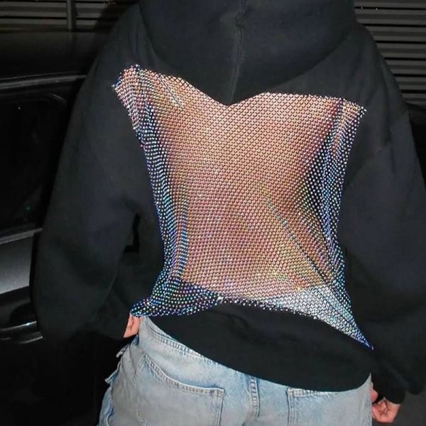 Customize Solid Rhinestone Bling Hollow Out Hoodie Backless Design Eye-Catching Must-Have Polyester/Cotton Oversized Breathable