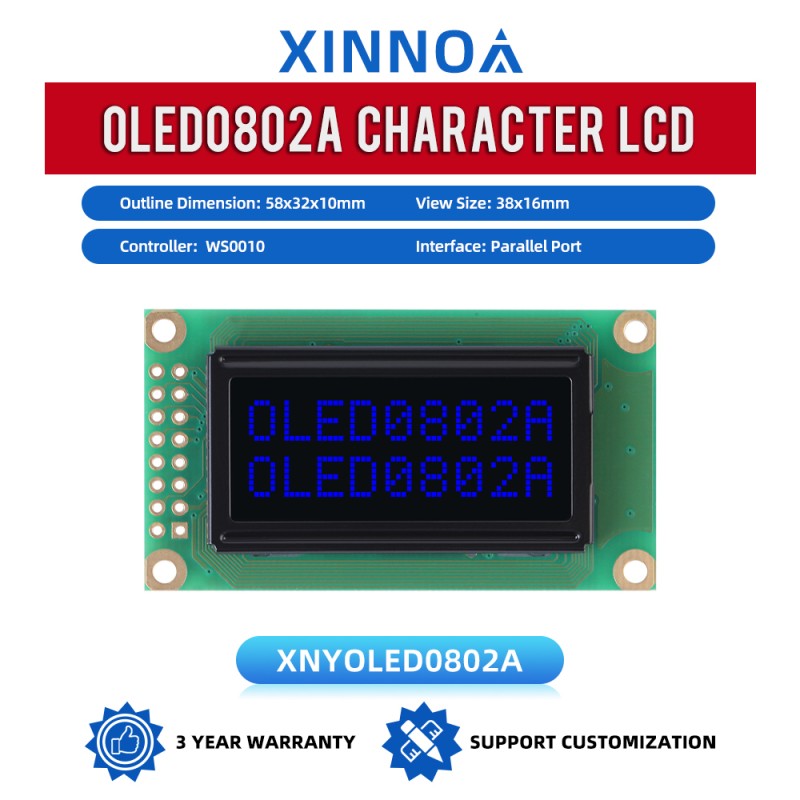 OLED0802A Character LCD Display Module, Black Film, WS0010 Controller, Parallel Port Interface, 58x32x10mm Working Temperature -40+80 Display