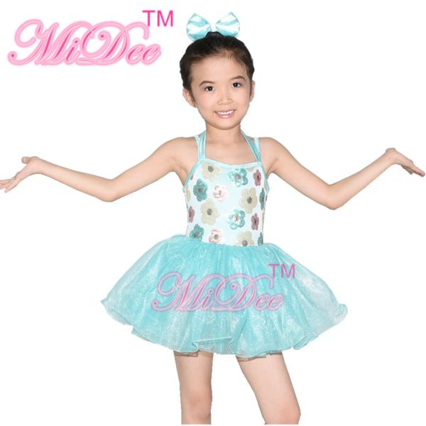 Floral Kids Dance Clothes Halter Neck Sequin Dress Tulle Tutu Skirt Attached