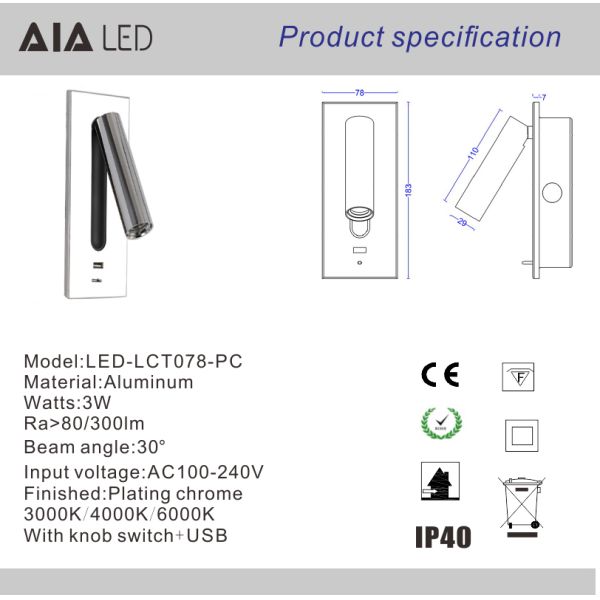 Contemporary bedside wall light led bed wall light interior 3W led wall reading lights headboard wall lamp