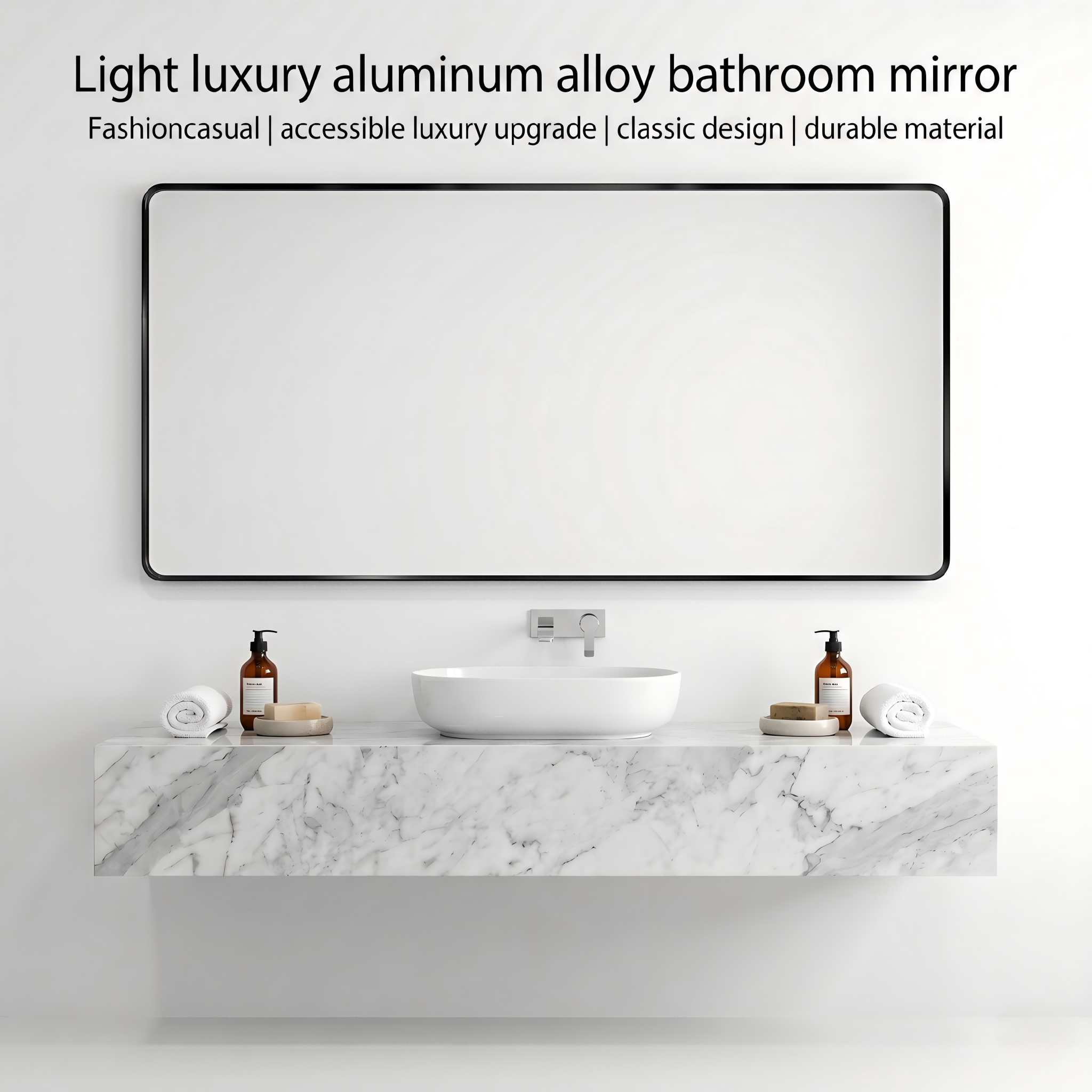 Kingstin Aluminum Frame Mirror Bathroom Vanity Wall Decor, Durable Minimalist Rounded Rectangular Mirror, Factory Direct