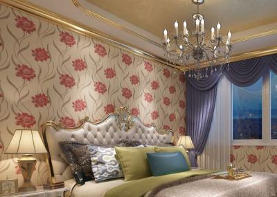 Durable Floral Living Room Striped Wallpaper With Red Floral , Non Woven Materials
