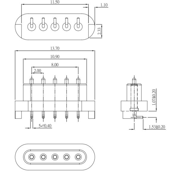 Conector de pin de Pogo masculino y femenino 2.5 mm Conector de pin cargado con resorte Ángulo recto