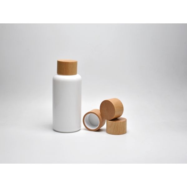 Sustainable 100ml Boston Round Opal White Glass Lotion Bottles With Wooden Screw Cap, Primary Cosmeceutical Packaging