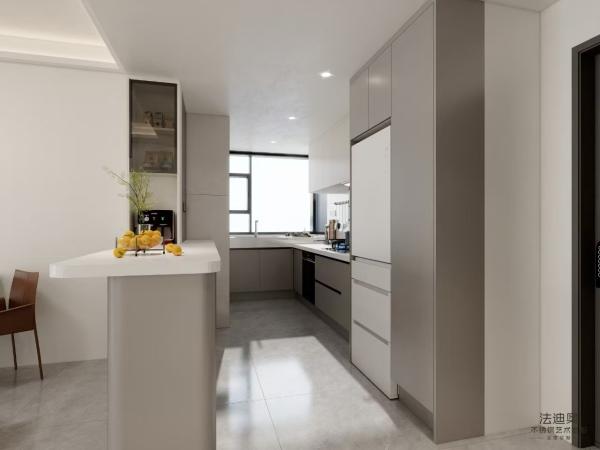 Fadior Light Grey Stainless Steel U Shaped Kitchen With Extended Island And Open Shelf Design