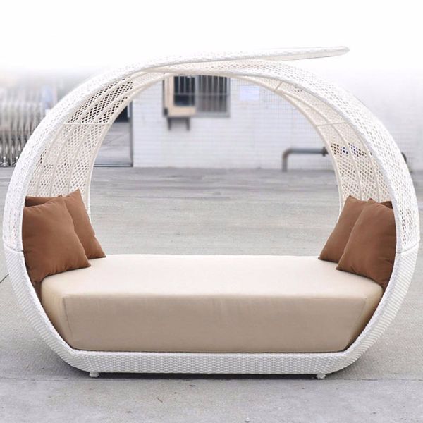 Apartment Outdoor Wicker Rattan Beach Day Bed with Canopy Double Function